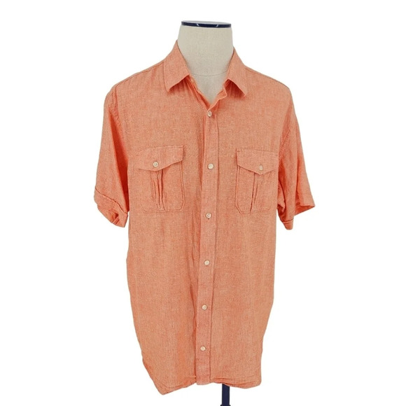 Banana Republic Shirt Linen Orange Burst Short Sleeve Button Up Collared - Picture 1 of 8